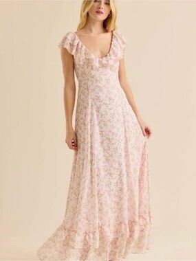 Altar’d State Pink Floral Ruffle Maxi Dress – Size Medium – New Without Tags